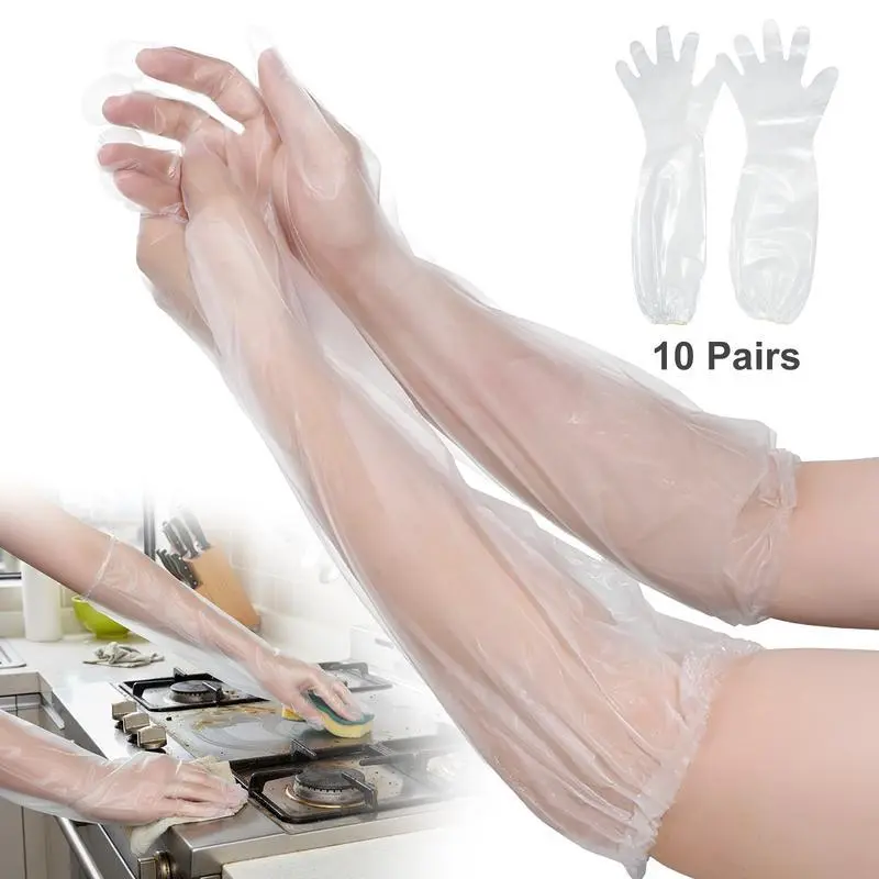 【SummerWins】10 Pairs Disposable Long Sleeve Clear Plastic Gloves, Elastic Wrist Gloves for Kitchen Dishwashing and Cleaning