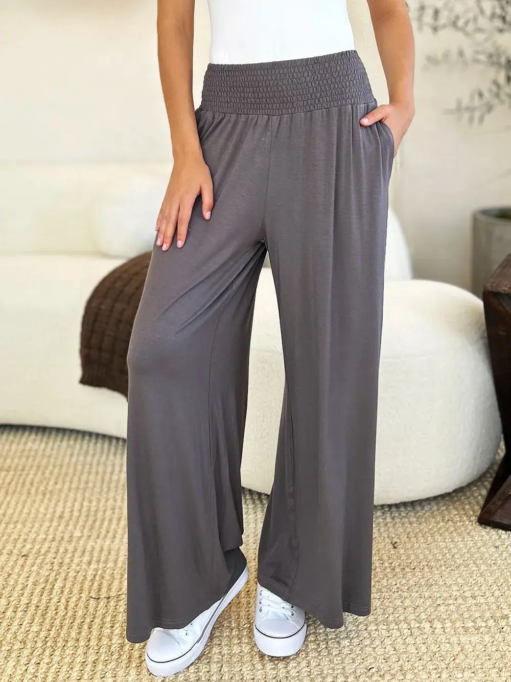 Women's Smocked Waist Wide Leg Pants - Soft Rayon Spandex Blend, Baggy Oversized Hip-Fit, Comfortable Loose Basic Flattering Bottoms for S-3XL Everyday Wear, S Through 3Xl
