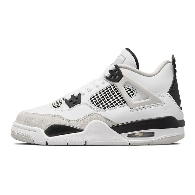Jordan 4 Retro Military Black Durable Mid Top Basketball Shoes Kids'' White Black-Neutral Grey 408452-111