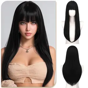 Long Straight Black Wigs for Women - 22 Inch Wig with Bangs  Looking Soft Heat Resistant Synthetic Wigs for Women Daily Party Use, Black