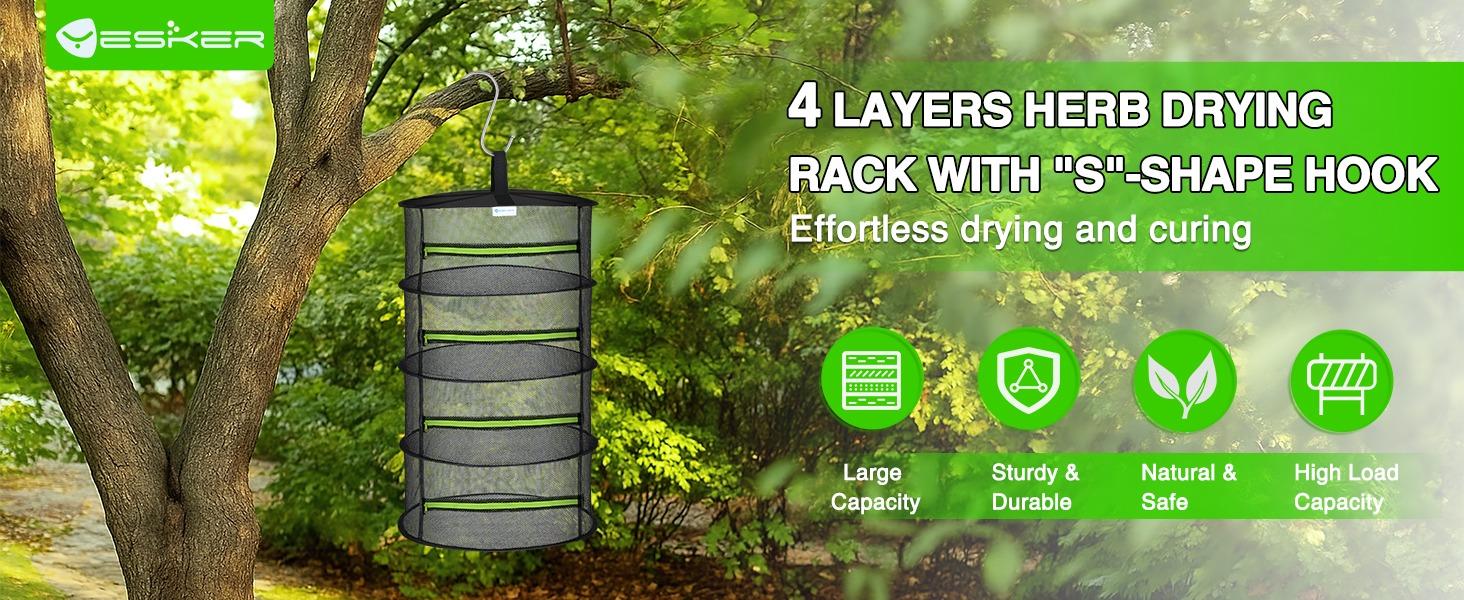 Yesker 4-Layer Hangable Herb Drying Rack, 23.6" Dia. Waterproof Synthetic Mesh Net, Foldable Heavy Load Plant Dryer with Green Zipper & Hook for Grow Tent, Garden Use, Water Proof, Multi-Layer