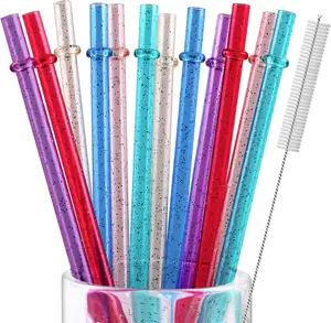 12 Piece 11 Inches Reusable Plastic Straws for Tall Cups and Tumblers 6 Colors BPA-Free Unbreakable Clear Glitter Sparkle Drinking Straw with 1 Cleaning Brush Not Dishwasher Safe