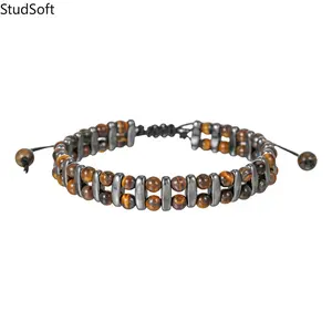 026 New Arrival: Double-Row Natural Tiger's Eye & Hematite Bracelet—Hand-Beaded, Braided Cord Design (Western Style)