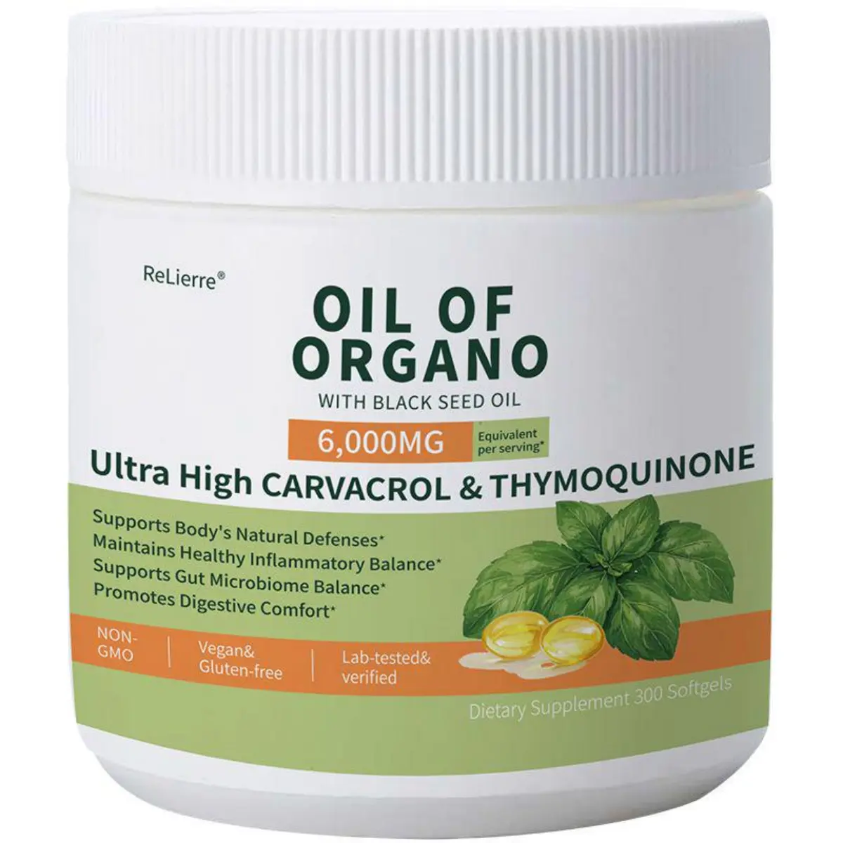 ReLierre Oil of Oregano Softgels with Black Seed Oil | 6000mg Oregano Leaf Equivalent, 210mg Carvacrol & Thymoquinone, Vegan Non-GMO Gluten Free Supplement for Immune, Gut & Digestive Health, 300 Capsules Healthcare Fitness Edible Dietary