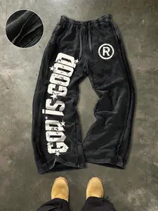 Men's Casual Loose Cotton Sport Pants, God Letter Print, Outdoor, Vacation, Party, Daily Wear, Street Style, Athleisure Style Bottoms, Drawstring Waist