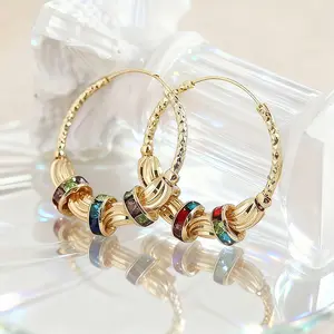 Retro Colored Rhinestone Hoop Earrings for Women Golden Winding Pattern Jewelry Women's Trendy Accessories