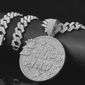 Ice Crystal Street Style Full Diamond Round "SELF MADE" Letter Pendant with Zinc Alloy Miami Cuban Chain Sparkling Rhinestone Necklace, Perfect for Daily Wear and Hip Hop Fashion, Includes An Elegant Gift Box
