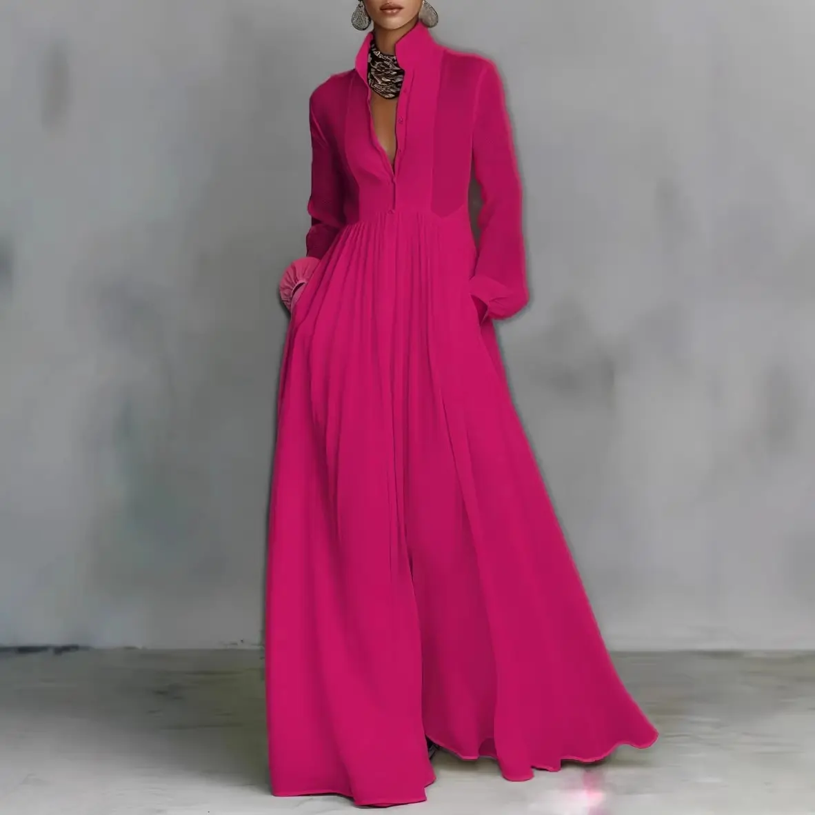 Elegant V‑Neck Stand Collar Chiffon Wide Leg Jumpsuit Long Sleeve High Waist Pleated Maxi Jumpsuit With Side Pockets