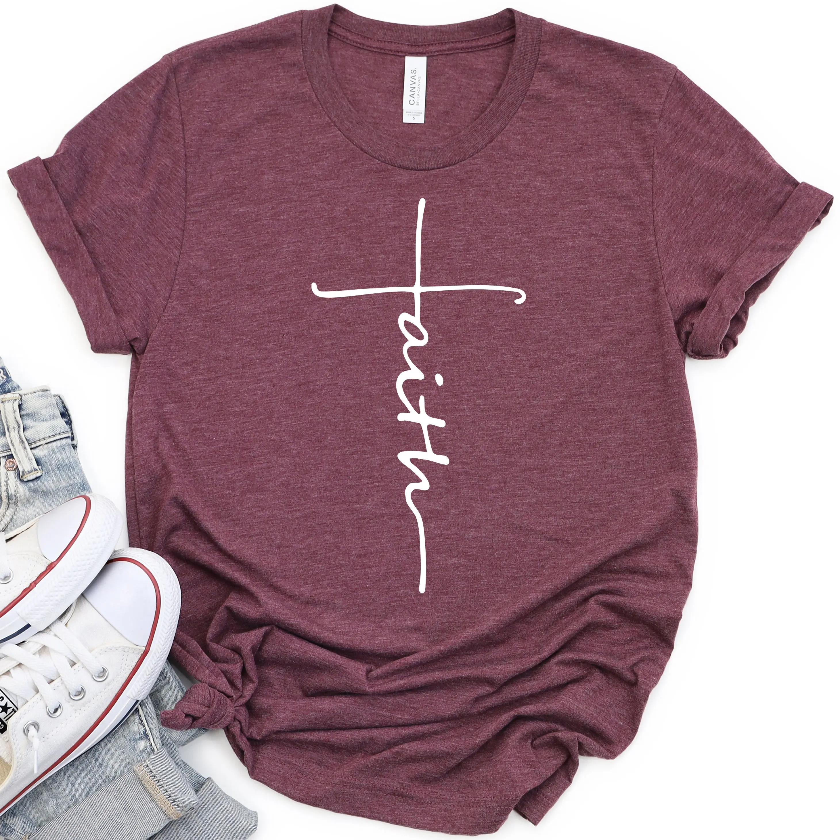 Faith Cross Tee - Heather Burgundy