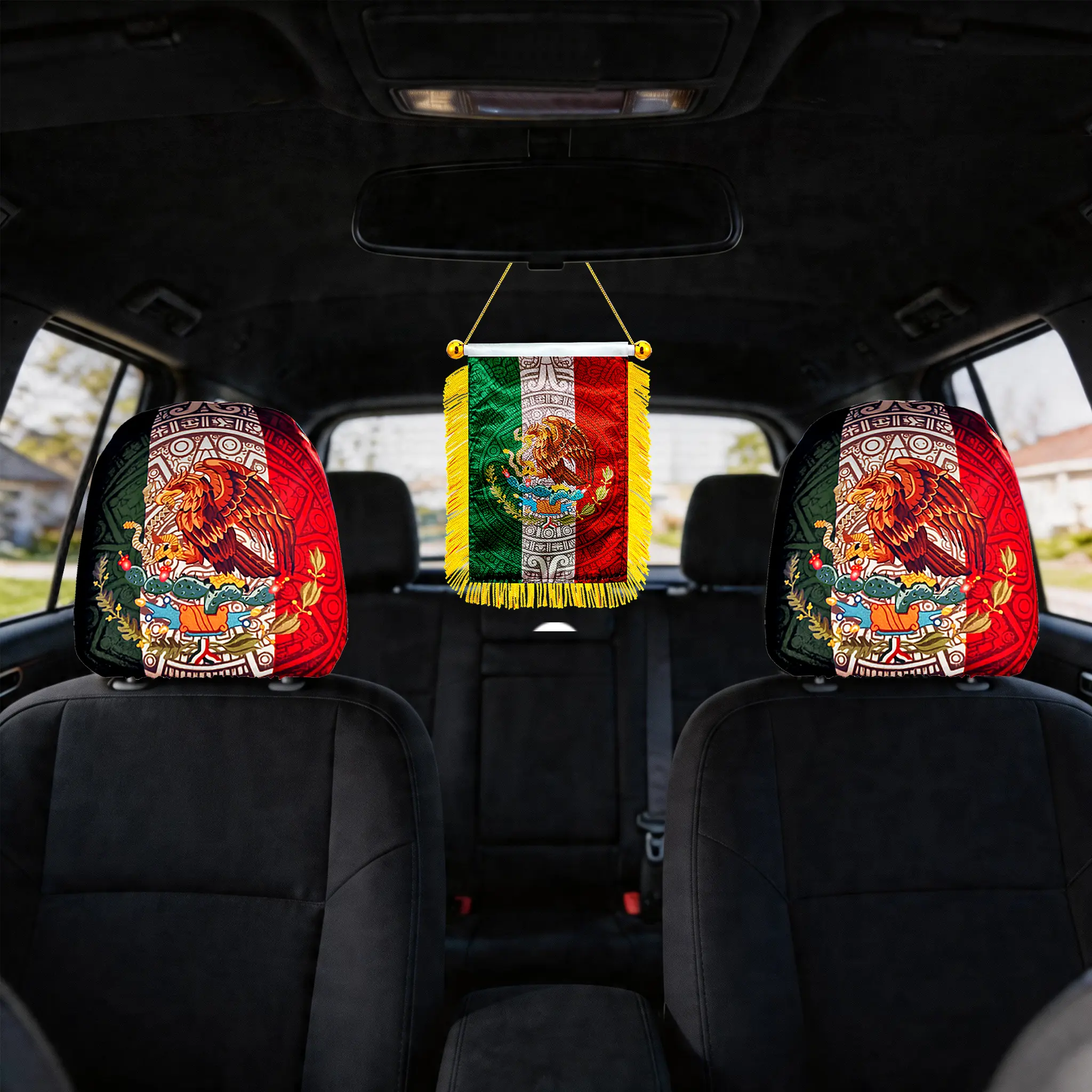 Bandera de México Mexican Flag Eagle Car Headrest Covers & Mini Banner Set | Orgullo Mexicano Aztec Calendar Car Interior Decor | Universal 4-Way Stretch Washable Protector for Truck & SUV | Chicano Style Patriotic Gift | 3-Piece Mexican Heritage Bundle