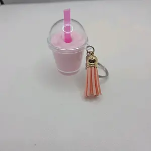 Plastic Pink Shake Keychain with Tassel Charm and Pink Straw Design - Subtle Elegance Fashion Accessory for Keys