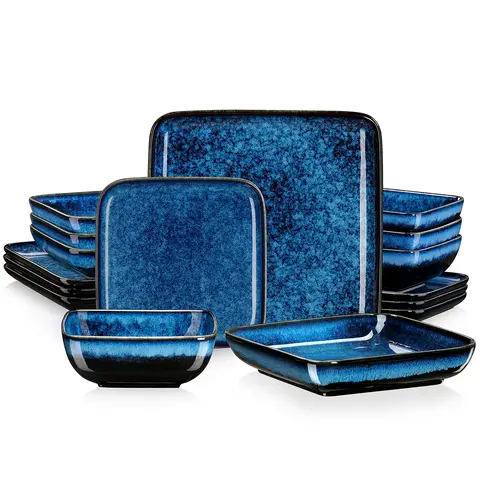 vancasso Stern Blue/Green Dinner Set Square Reactive Glaze Tableware 12/16 Pieces Kitchen Dinnerware Stoneware Crockery Set with Dinner Plate, Dessert Plate, Bowl Service for 4 People Ceramics