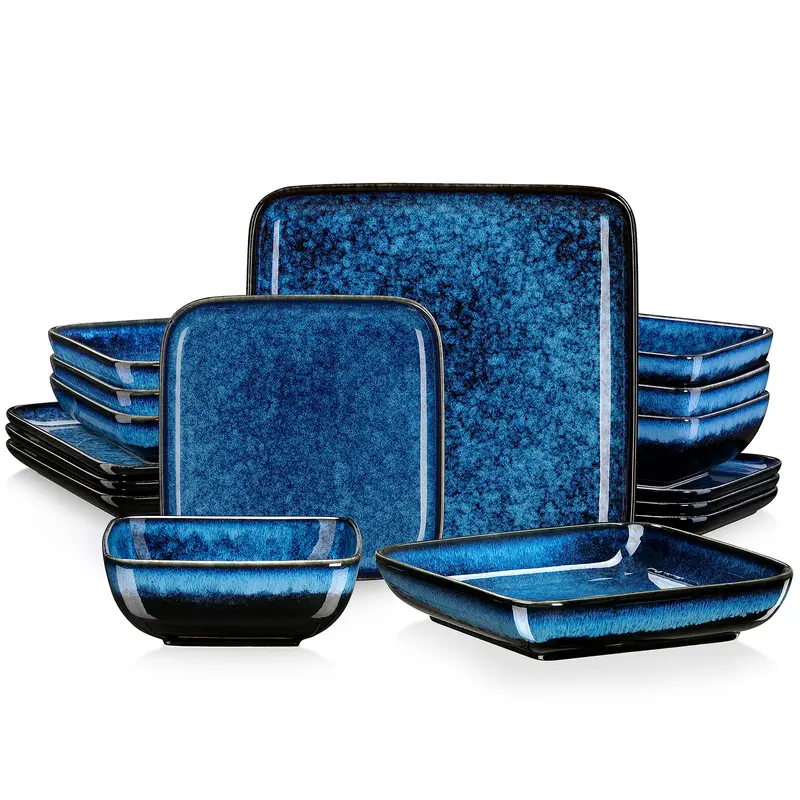 vancasso Stern Blue/Green Dinner Set Square Reactive Glaze Tableware 12/16 Pieces Kitchen Dinnerware Stoneware Crockery Set with Dinner Plate, Dessert Plate, Bowl Service for 4 People Ceramics