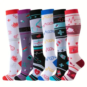 6 Pairs fashion Medical Equipment Printed Compression Men Women Outdoor Sports Knee High Stockings Sports Gym Training Running Hiking