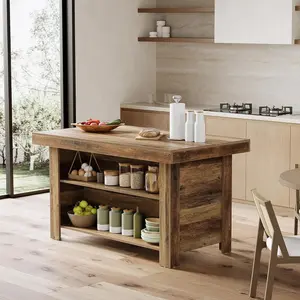 LITTLE TREE 55 Inches Kitchen Island with Storage, 3-Tier Farmhouse Wooden Stationary Island Table with Large Worktop & Leg Room, Modern Coffee Bar Table with Storage Shelf for Kitchen, Rustic Brown