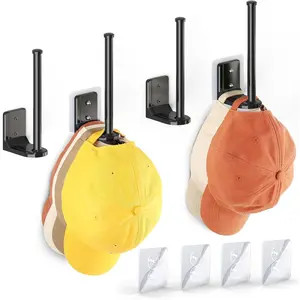 4 Pack Adhesive Hat Hooks, Adhesive/Drilling Hat Rack for Wall, Hat Storage for Baseball Caps, Hat Hanger Holder for Wall Organization and Storage, Black