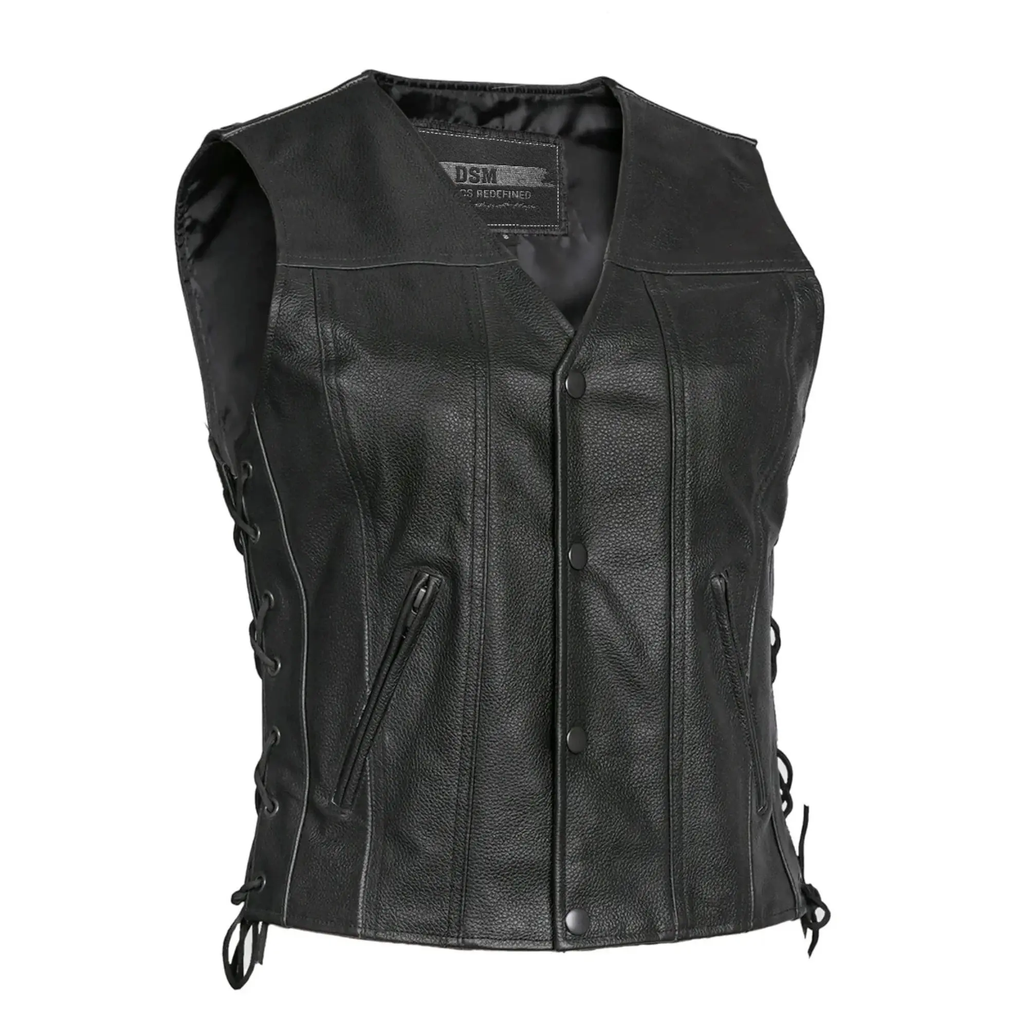 DANIEL SMART Women's Black Milled Cowhide Leather Motorcycle Vest - V-Neck, Adjustable Side Lace, Vintage Snap, Concealed Carry, Zipper Pockets, All Seasons, Multi-Size Including 6xl MC Protective Gear, Adjustable Lace