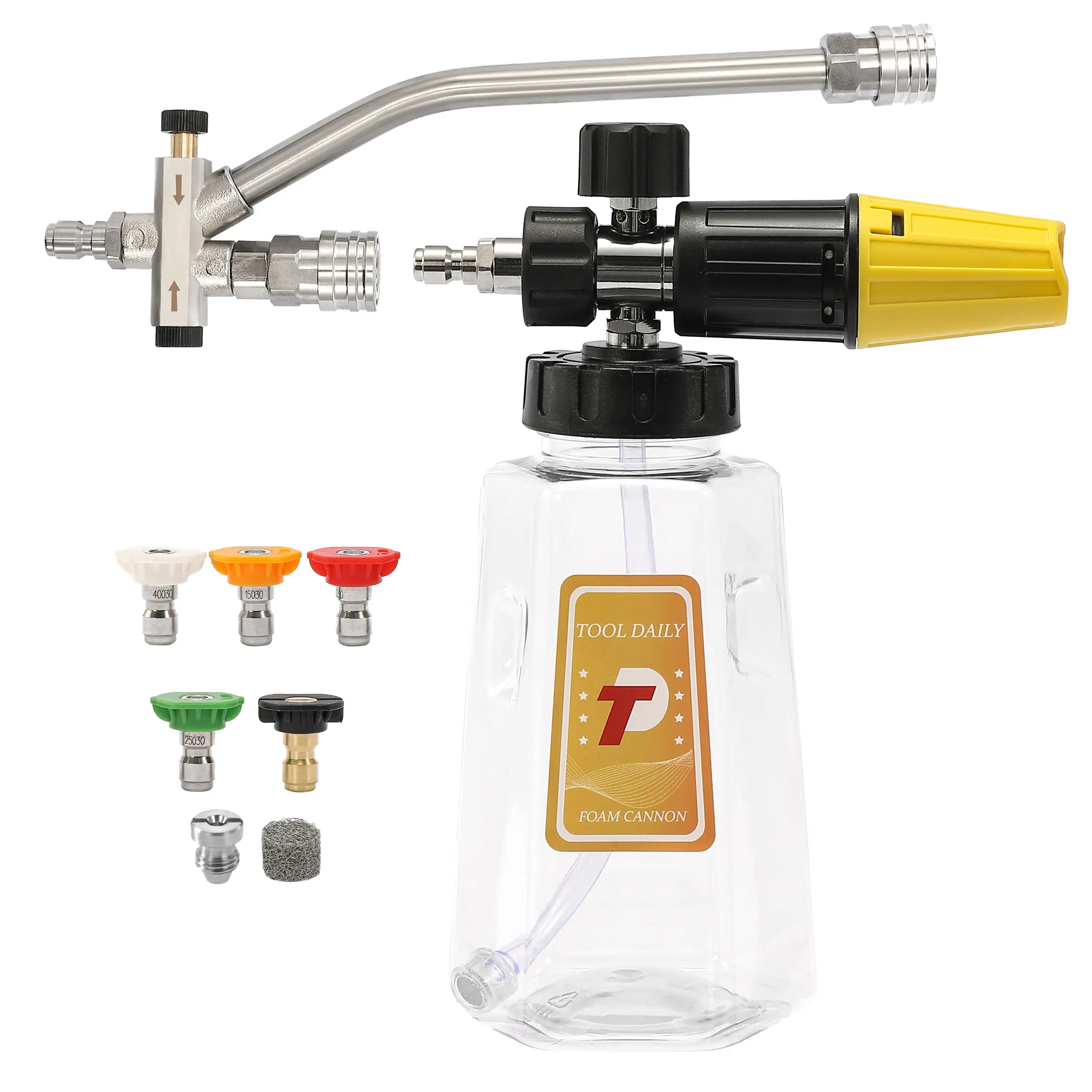 Tool Daily 1L Pressure Washer Foam Cannon Kit (Foam Lance), 1000-3600 PSI Car Wash Sprayer with Dual Connector Accessory, Double-Tip Soap Attachment, 5 Power Foaming Nozzles, 1/4"-Quick Connect, Car Detailing Accessories - Father's Day Gift