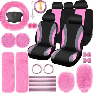 45pcs Car Seat Cover and Interior Set: Thin Polyester Front and Rear Seat Covers, Plush Steering Wheel Cover, Shoulder Pads, Gear Shift Knob Cover, Rearview Mirror Ornament, Cup Seatpad, Tire Valve Caps, Suitable for Most Cars and SUVs.