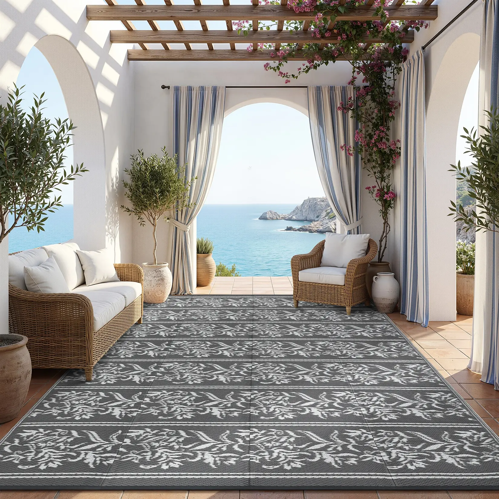 Bohemian Style Outdoor Rug Washable Double-Sided Plastic Grass Rug Foldable Garden Decor Rug With 4 Pegs And Storage Bag For Balcony Patio Beach Picnic RV