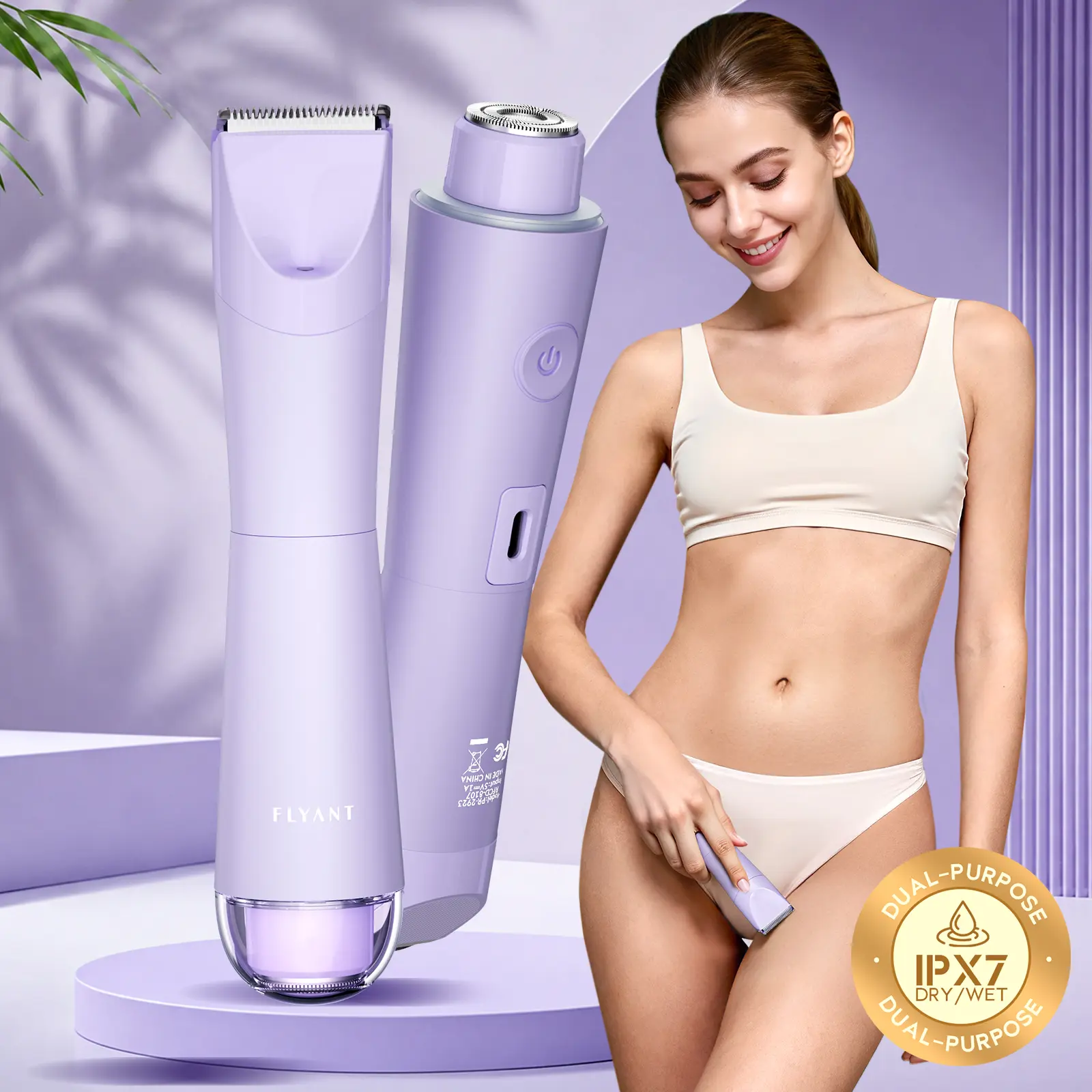 Flyant Bikini Trimmer & Electric Shaver for Women, 2-in-1 Womens Body Trimmer, Dual-Head Hair Removal Tool, IPX7 Waterproof Pubic Hair Razor with LED, Womens Body Groomer for Face, Legs, Arms & Underarms, Achieve Flawless Smooth Results
