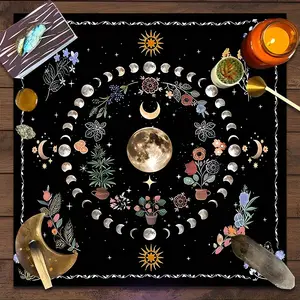 Moon Phase & Floral Square Tarot Tablecloth, Boho Witchy Altar Table Decor, Multiple Sizes Polyester Fabric, Easy to Clean and Maintain Decorative Divination Cloth for Spreads & Rituals Gift for family and friends