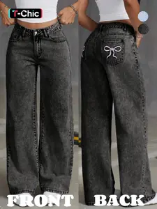 Women's Embroidering Design Pocket Button Fly Denim Pants, Casual Fashion Comfy Trousers for Daily Wear, Ladies Bottoms for All Seasons, Love Handles Low Waist Jeans, Low Rise Jeans