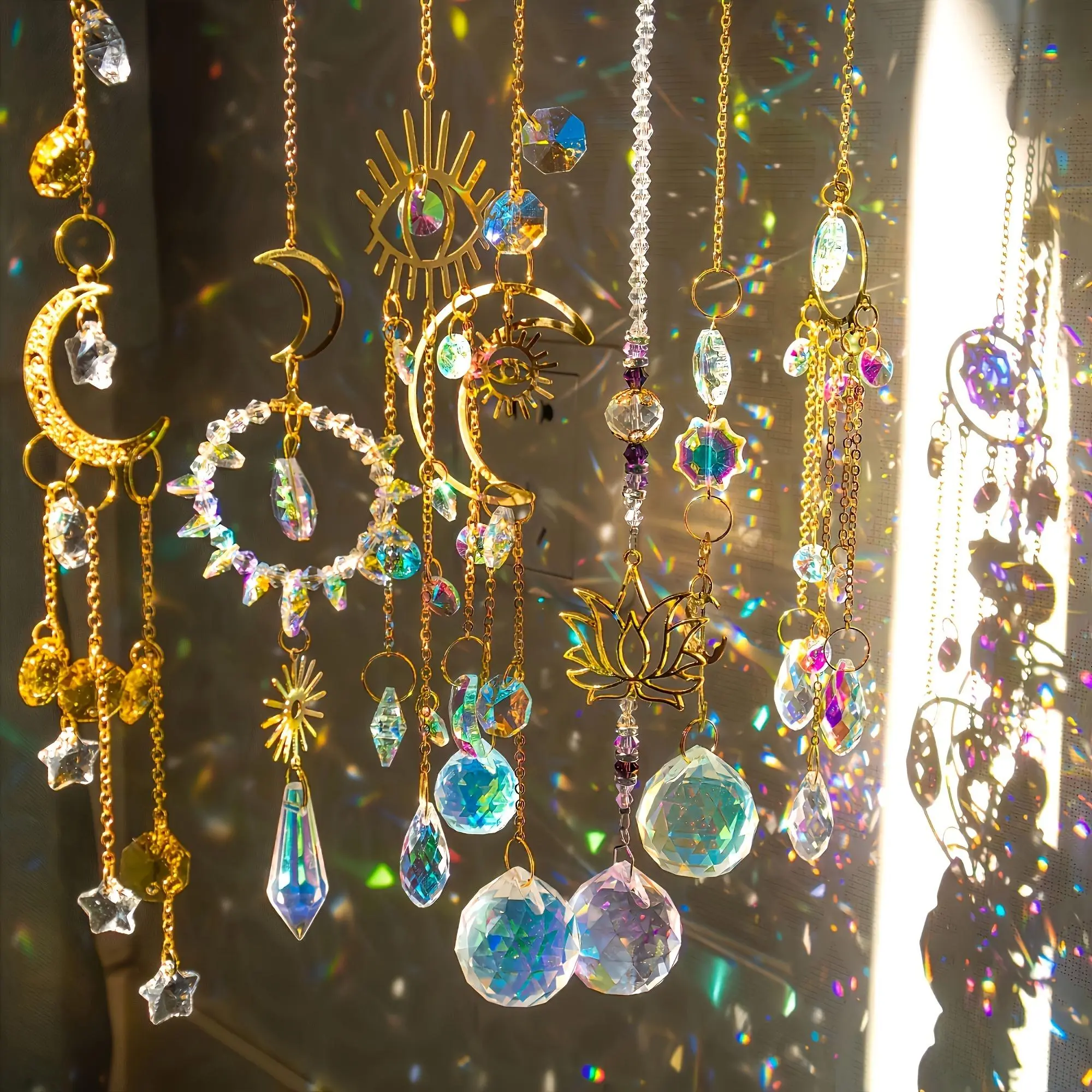 Crystal Sun Catcher, 7 Counts Moon & Sun & Eye Design Hanging Decor, Hanging Ornament Outdoor Wind Chimes Garden Accessories for Home Garden Party Wedding