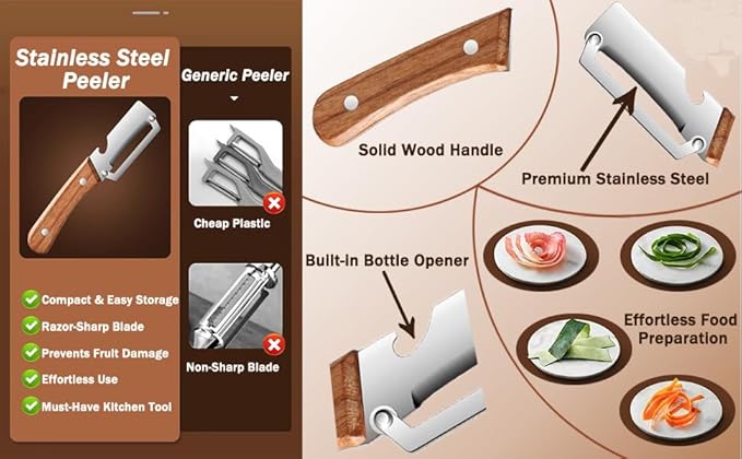 Multi-Functional Stainless Steel Vegetable Peeler with Wooden Handle & Bottle Opener, 2PCS Kitchen Tool for Fruit Veggie Potato Pumpkin, Practical Gifts for Mom Multi-Functional Stainless Steel Vegetable Peeler with Wooden Handle & Bottle Opener, 2PCS Kitchen Tool for Fruit Veggie Potato Pumpkin, Practical Gifts for Mom