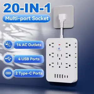 [Surge Protection Socket] 20-in-1 Surge Protection Socket with Switch, 14 US Standard Sockets, 6 USB Ports and 2 USB-Cs, 110V-130V, Standard US Plug, Short Line/5/10ft Optional - Very Suitable for Office, Kitchen, Dormitory, Travel
