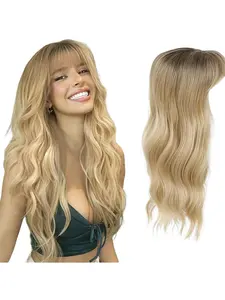 Women's Wig Hair Block, 22 Inch Natural Voluminous Water Wave Long Curly Hair Top Wig Piece, Air Bangs Wig for Women, Hair Replacement Blocks, Synthetic Hair Wigs