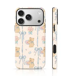 Blue Bow Teddy Bear Ditsy Design Phone Cover 2 in 1 Case for iPhone 17 Pro Max/16 Pro Max /15Pro Max 15/14/13/12 & Samsung S26 /S25Ultra Trendy Personalized Phone Case