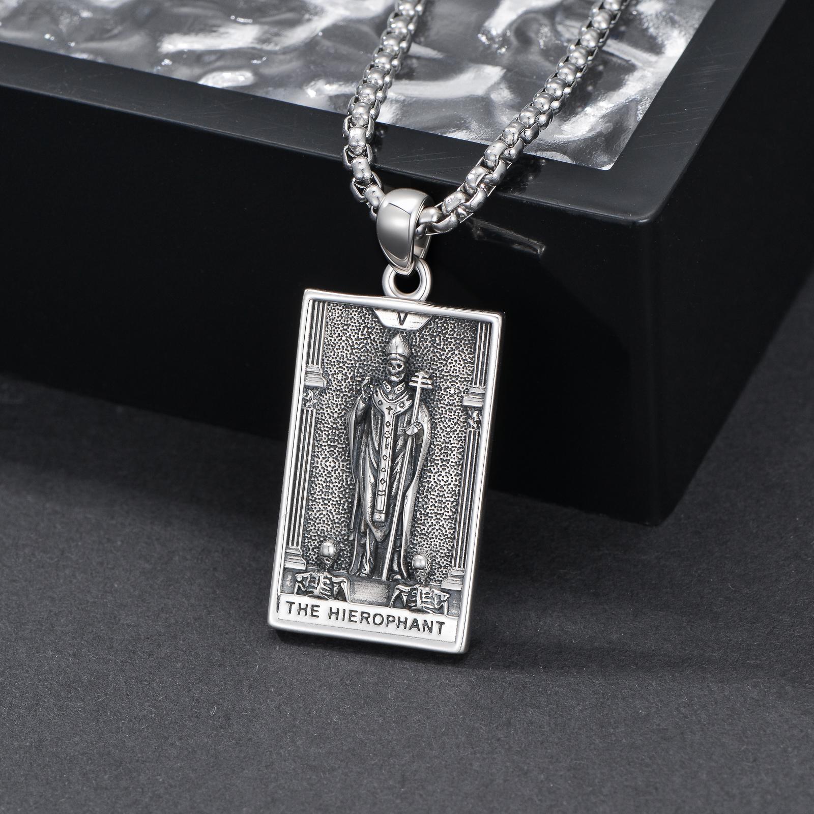 MEIDERBO Dream Chaser The Hierophant Necklace 925 Sterling Silver Oxidized Finish Tarot Pendant Stainless Steel Bead Chain 22+2 Inch Bella Chain Spiritual Jewelry