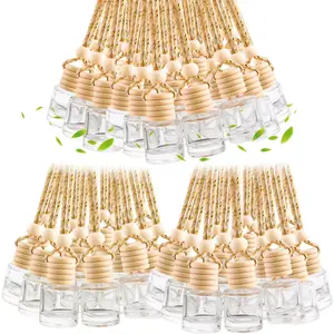 100 Pcs 8ml Hanging Car Air Freshener,Empty Clear Glass Essential Oil Diffuser Perfume Aromatherapy Pendant Bottle Vials Ornament Decor with Wooden Caps & Hanging String-Cylindrical Shape