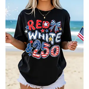250th Anniversary T-Shirt |   Red & White 250 Themed Tee |   July 4th Independence Day T-Shirt |   Preppy Patriotic Tee |   USA Themed T-Shirt |   American Flag Print T-Shirt