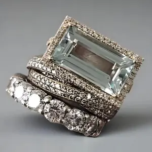 3Pcs Stackable Ring Set for Unisex, Large Rectangular Cut CZ Statement Ring, Silver Plated Brass Stacking Wedding Band, Vintage Luxury Jewelry for Party Daily Wear
