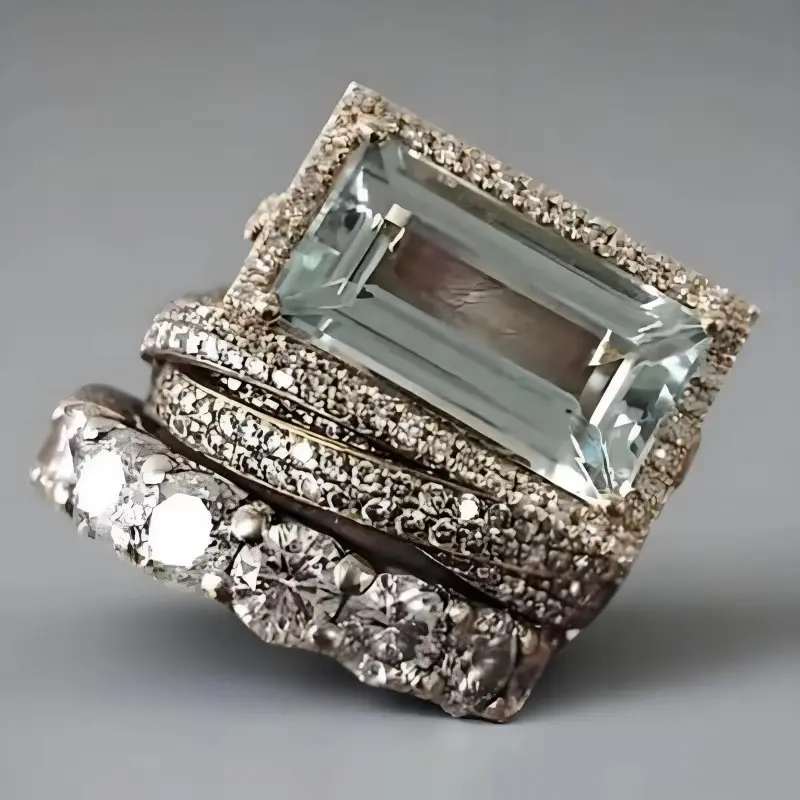 Vintage Glamour 3-Piece Stackable Ring Set, Emerald Cut Zircon Pavé Band Luxury Cocktail Rings, Trendy Exquisite Socialite Promise Rings for Special Occasions & Night Out
