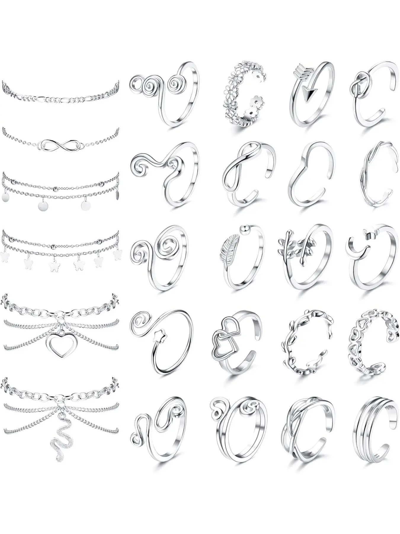 Toe Rings and Ankle Bracelets for Women Silver Rose Gold Plated Anklet Toe Rings Cute Layered Anklets Open Tail Rings Adjustable Beach Foot Jewelry for Summer Chains Accessories Set Jewelry Gift Set Jewellery Gift Set