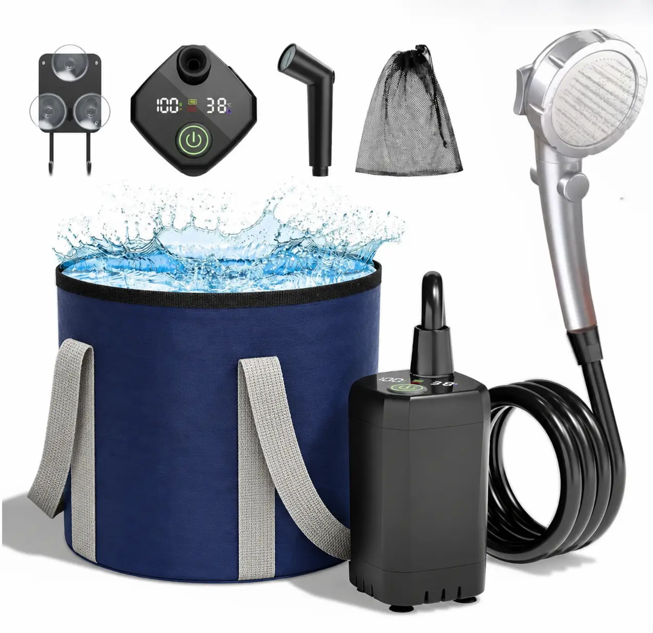 Outdoor Camping Shower Kit, Waterproof Portable Showers with Rechargeable Lithium-Ion Battery, Advanced LED Display, Adjustable Head & Collapsible Bucket for Pet Washing