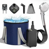 Outdoor Camping Shower Kit, Waterproof Portable Showers with Rechargeable Lithium-Ion Battery, Advanced LED Display, Adjustable Head & Collapsible Bucket for Pet Washing