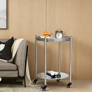 Modern Round Woven Tray Rolling Cart, 2-Tier Metal Side Table with Wheels for Small Spaces Wheeled Side Table with Woven Tray Top, Portable End Table with Storage for Living Room