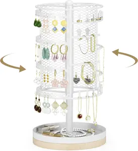 Necklace Holder 4 Tiers Metal Rotating Earring Organizer Necklace Organizer Display Jewelry Stand Storage Tree with Bamboo Base Grid Holes Earring
