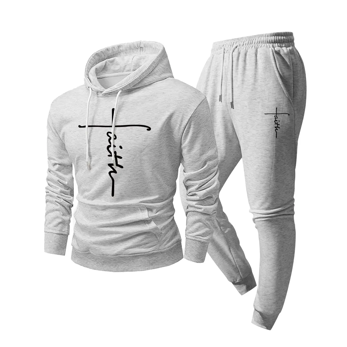 Men's Athletic Tracksuit Set, 2-Piece Graphic Print Polyester Fashion Outfit with Long Sleeve Drawstring Hoodie and Fitted Pants for Gym, Gym Workout, Sporty Chic