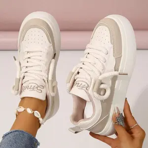 Women's low cut lace up thick soled sports shoes - breathable fabric upper, shock-absorbing EVA insole and wear-resistant rubber sole, suitable for casual walking and tennis wear all year round, fashionable design, elegant sports shoe shape