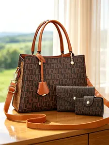 3-piece women's bag set, handbag and wallet combo, luxury high-texture shoulder and crossbody bag, vintage letter printed bag, ideal Mother's Day gift for mom and birthday gift for women