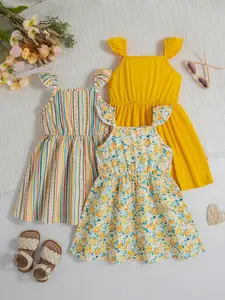 Young Girls Sleeveless Square Neck Cute Casual Tank Dress Three-Piece Set, Comfortable and Stylish for Daily Wear, Summer Cute Dresses