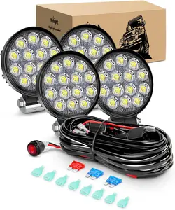 Nilight 4PCS 4.5Inch 42W Round Flood LED Off Road Lights Fog Lights Driving Roof LED Light Bar Work Light with Wiring Harness Kit -4 leads