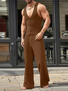 INCERUN Men's Sleeveless Vest Long Pants Set, Fashion Textured Design Two-Piece, Casual Summer Wear, Comfortable and Stylish