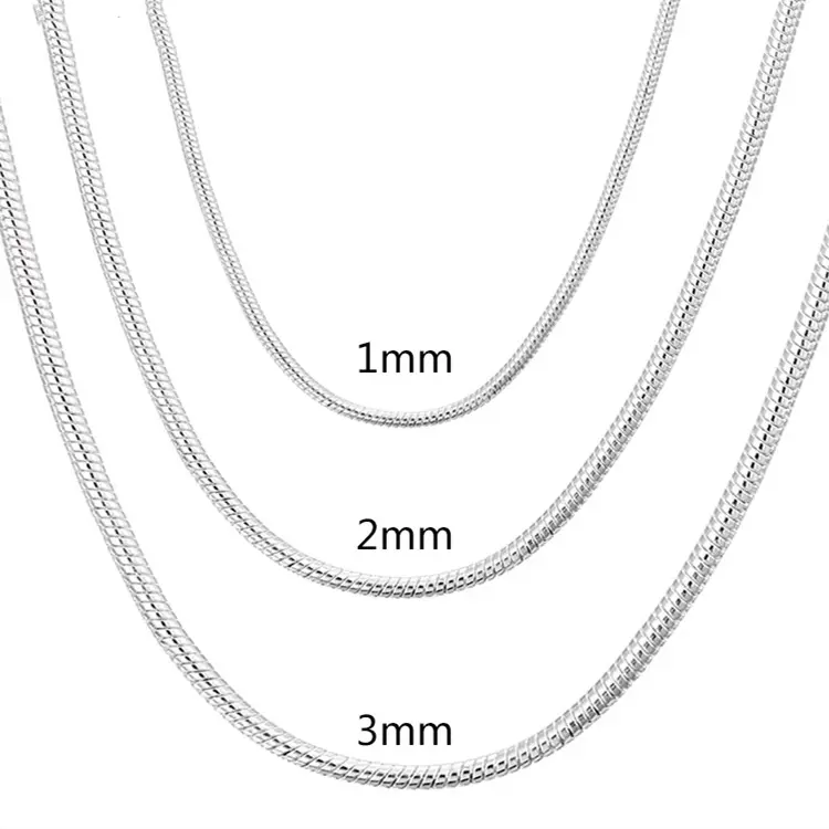 JEWEL-4U - 40-75cm 925 Sterling Silver 1MM/2MM/3MM solid Snake Chain Necklace For Men Women Fashion Jewelry for pendant
