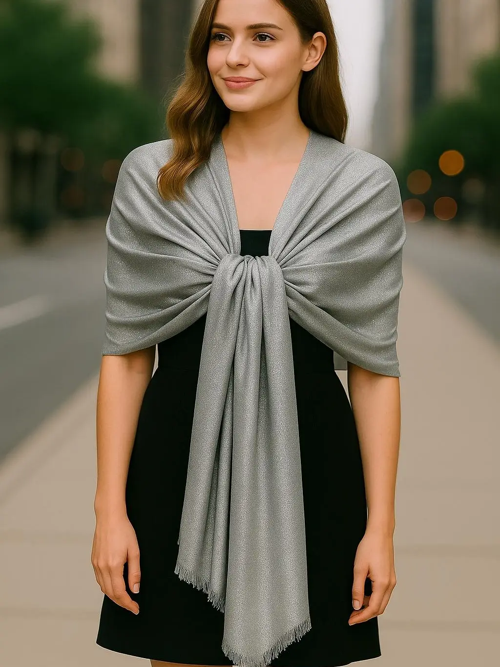 Reversible Solid & Silver Metallic Shimmer Shimmery Shawl Scarf - Versatile Design, Soft Knit Blend, Multi-Functional for Travel, Office, and Everyday